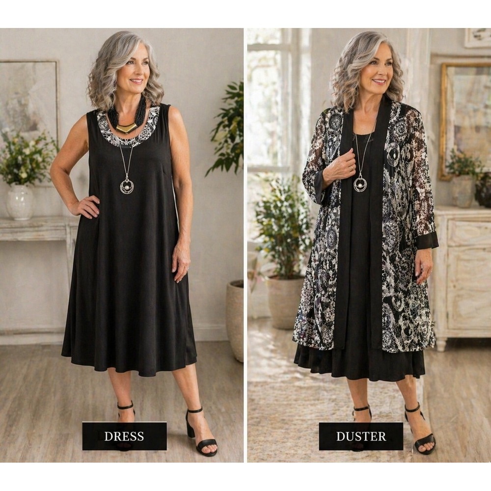 Black Sleeveless Midi Dress with Geometric Print Sheer Duster‎ Jacket Set